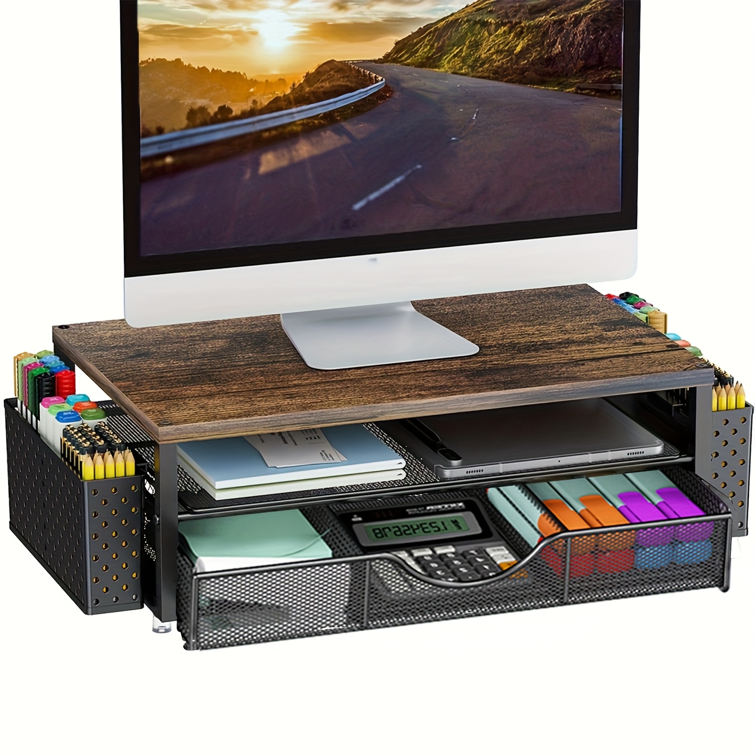 Image of Double-layer Monitor Stand With Storage Drawer And Pen Holder | Multifunctional Desktop Storage Rack, Iron Material, Suitable For Office And Scenes