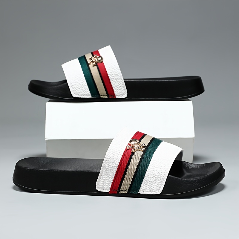 Comfortable Soft - Sole Slides With Striped Upper And Metal Accent, Suitable For Indoor/outdoor, Home, Beach And Pool, Affordable High-quality Casual Slippers