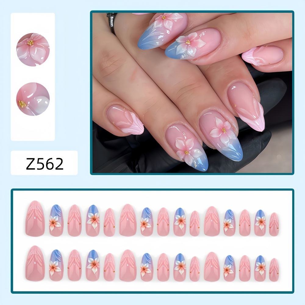 TEMU Améliorez Votre Look : 30pcs Faux Ongles Almond-Shaped de Taille Moyenne, Portable avec Motif Dégradé Rose. Perles Dorées Artisanales avec et