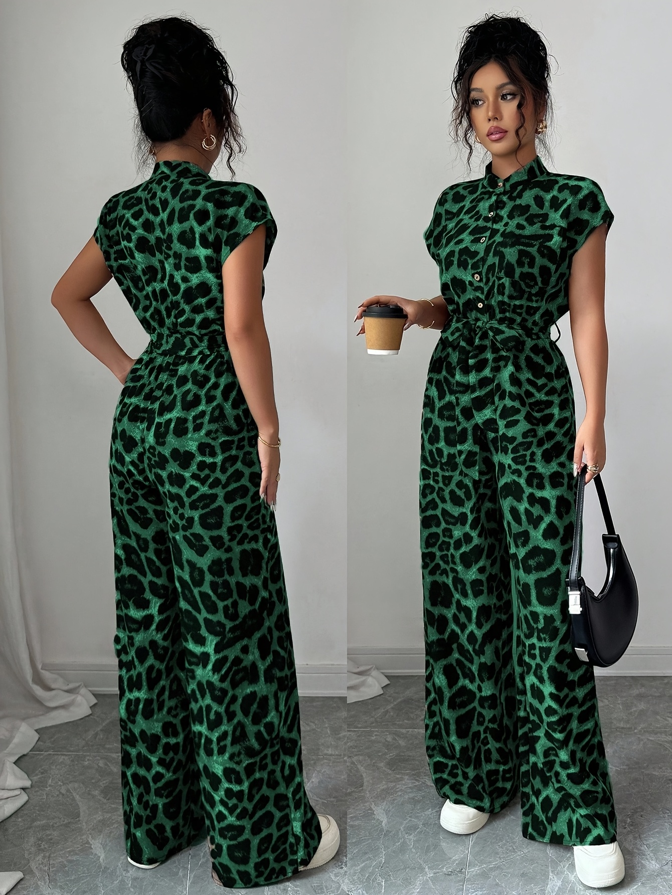 european and american spring summer new random print stand collar   elegant casual belted jumpsuit details 0