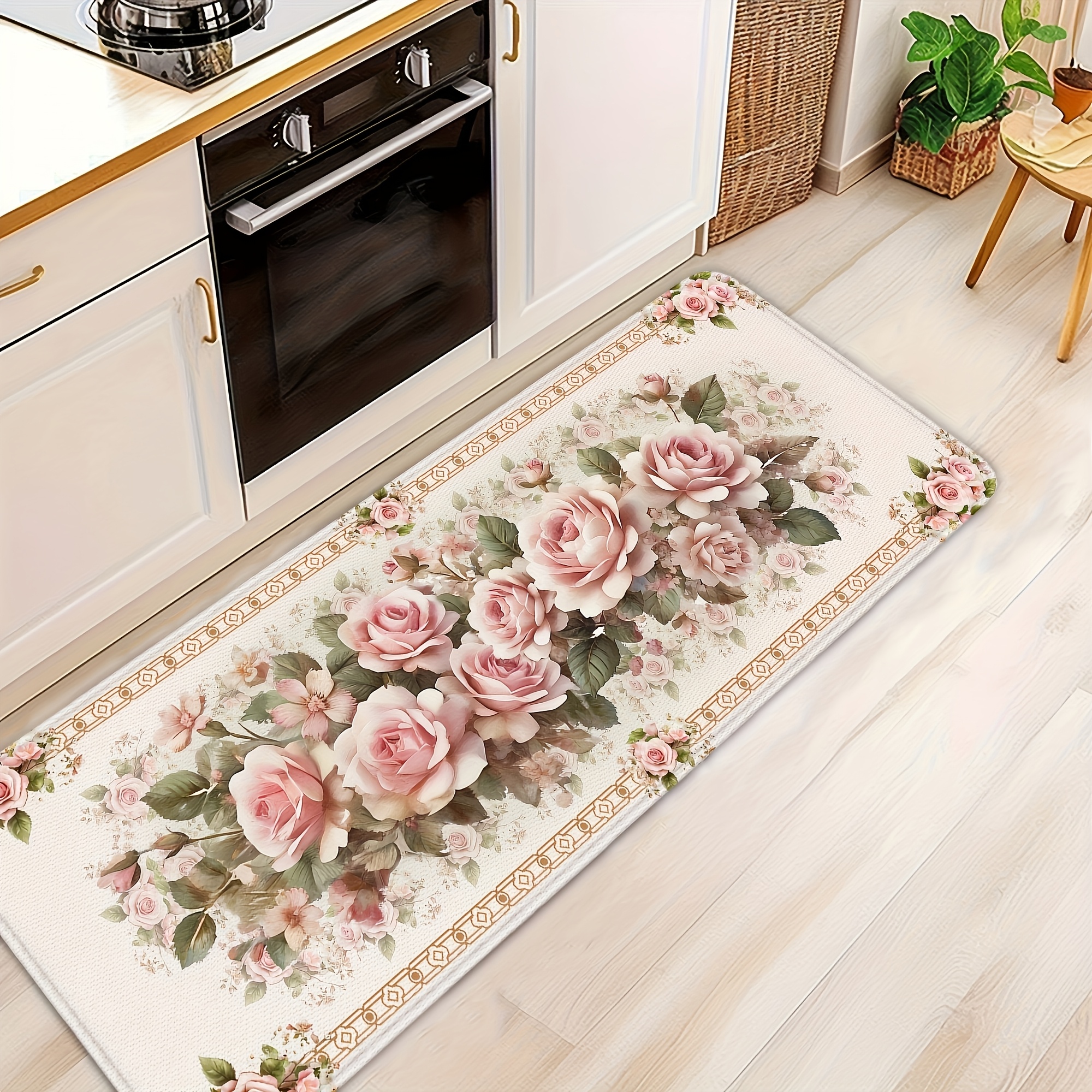 TEMU 1 Tappeto da Cucina Retro a con Motivo Rosa a Rosa, Tappeto Antiscivolo Lavabile per Cucina, Soggiorno, Corridoio, Bagno, Decorazione per