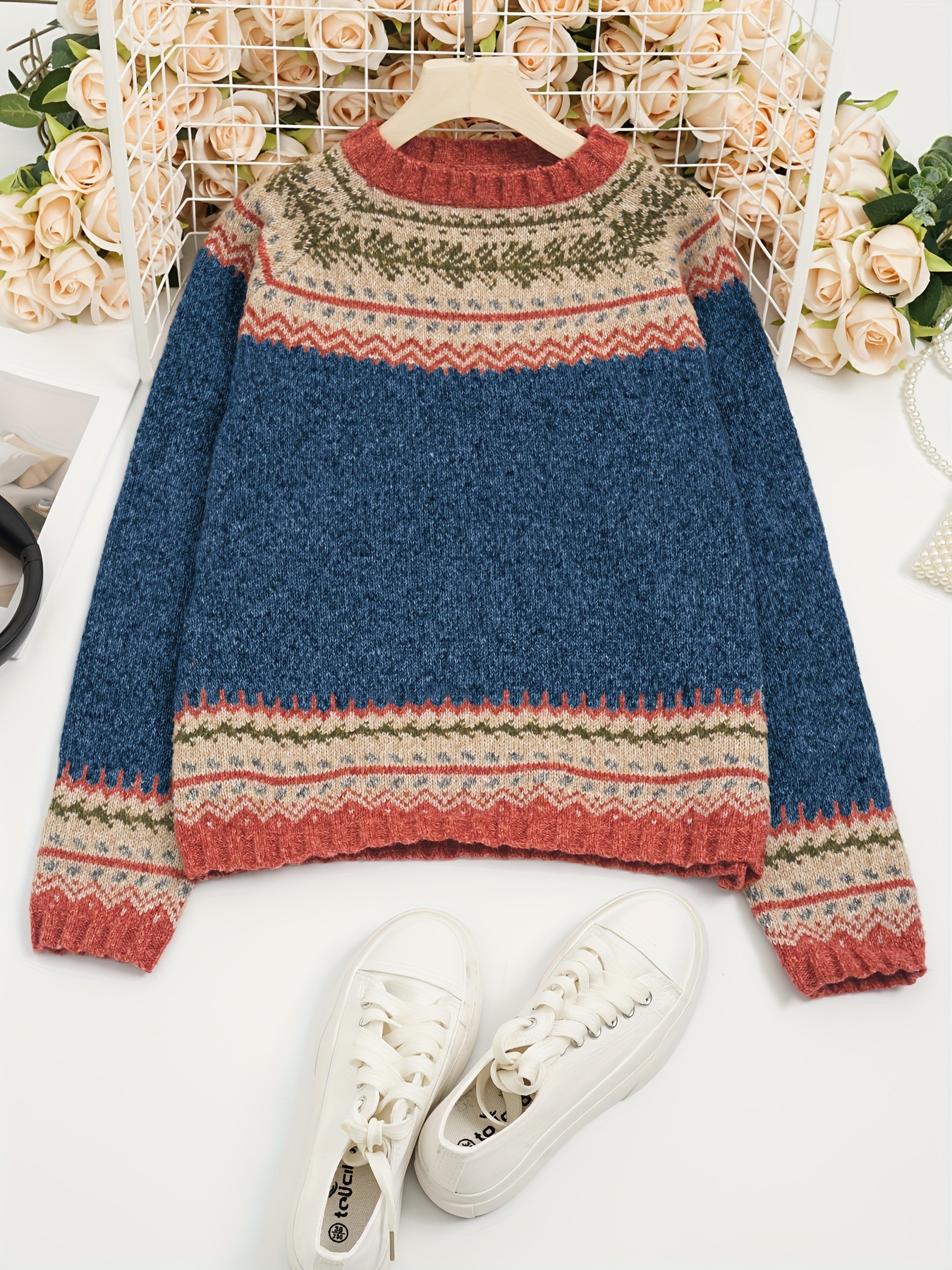 Women's Fashion Knit Sweater, Casual Bohemian Style, Thickened Crew Neck,  Long Sleeve, Solid Color, Polyester, for Autumn/Winter, Knitted Fabric