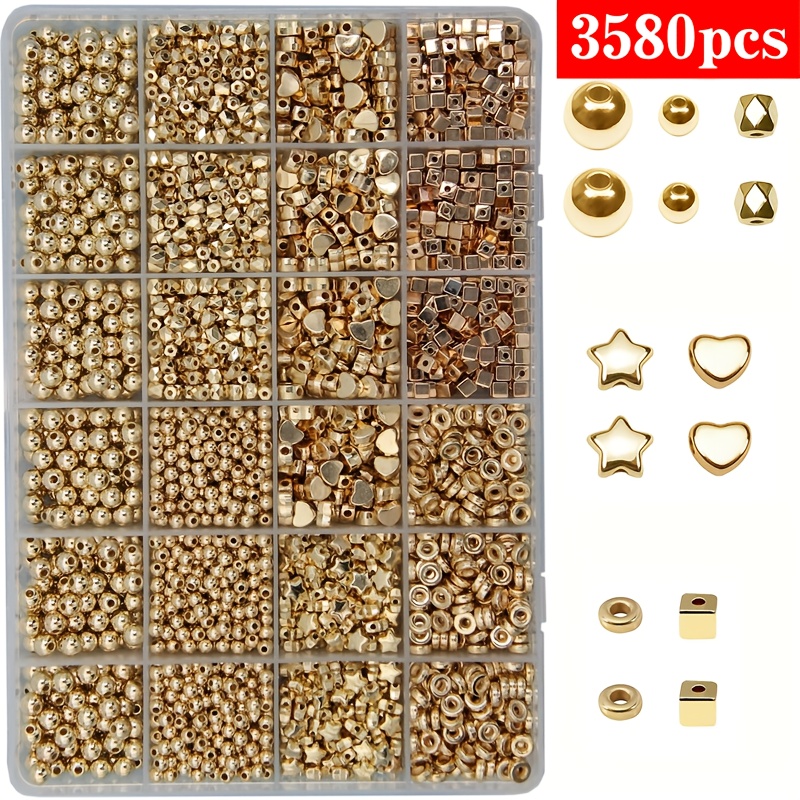 TEMU 3580 pièces QYWCTZ (marque) Perles Dorées KC - 4-7mm Rondes, Cœur, Étoile & Perles avec Espaceurs & Perles Acryliques | 24 Grilles Codées par