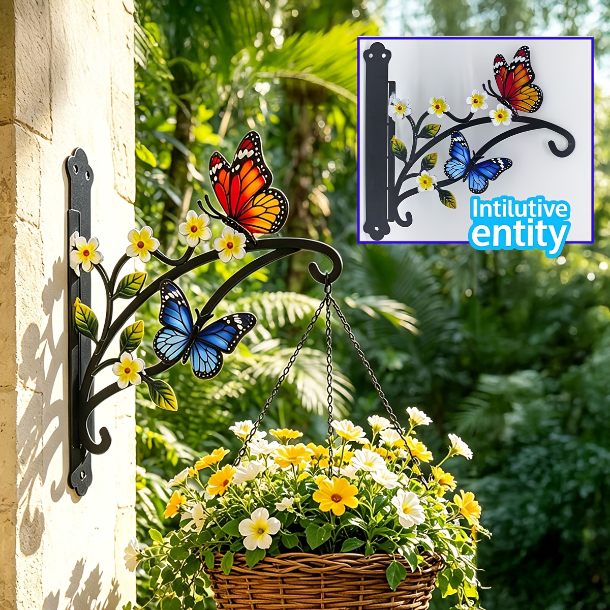E-shop Bunte Schmetterling Wandmontage Pflanzenaufhänger, Metall Hängekorb Halterung mit Blumen & Schmetterlingsdeko, Outdoor Garten Aufhänger zum