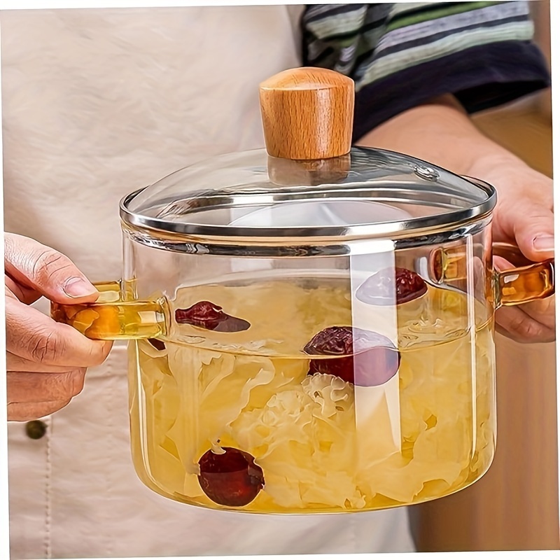 

1.5l Borosilicate Glass Stovetop Pot With Lid - Heat Resistant Transparent Cooking Pot For Soup, Milk, - Dual Yellow Handles, Microwavable & Stove Compatible Cookware