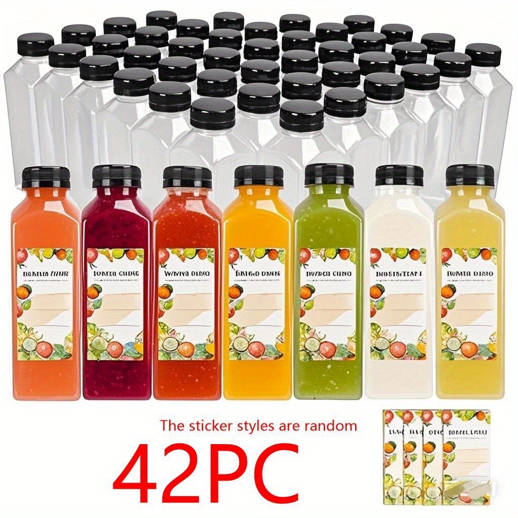 42 pack 4oz 8oz 12oz 16oz square leak proof transparent plastic juice bottles with black lids   durable containers for   juice smoothies milk homemade beverages kitchen restaurant use beverage storage fruitthemed labels sturdy construction drink packaging beverage businesses
