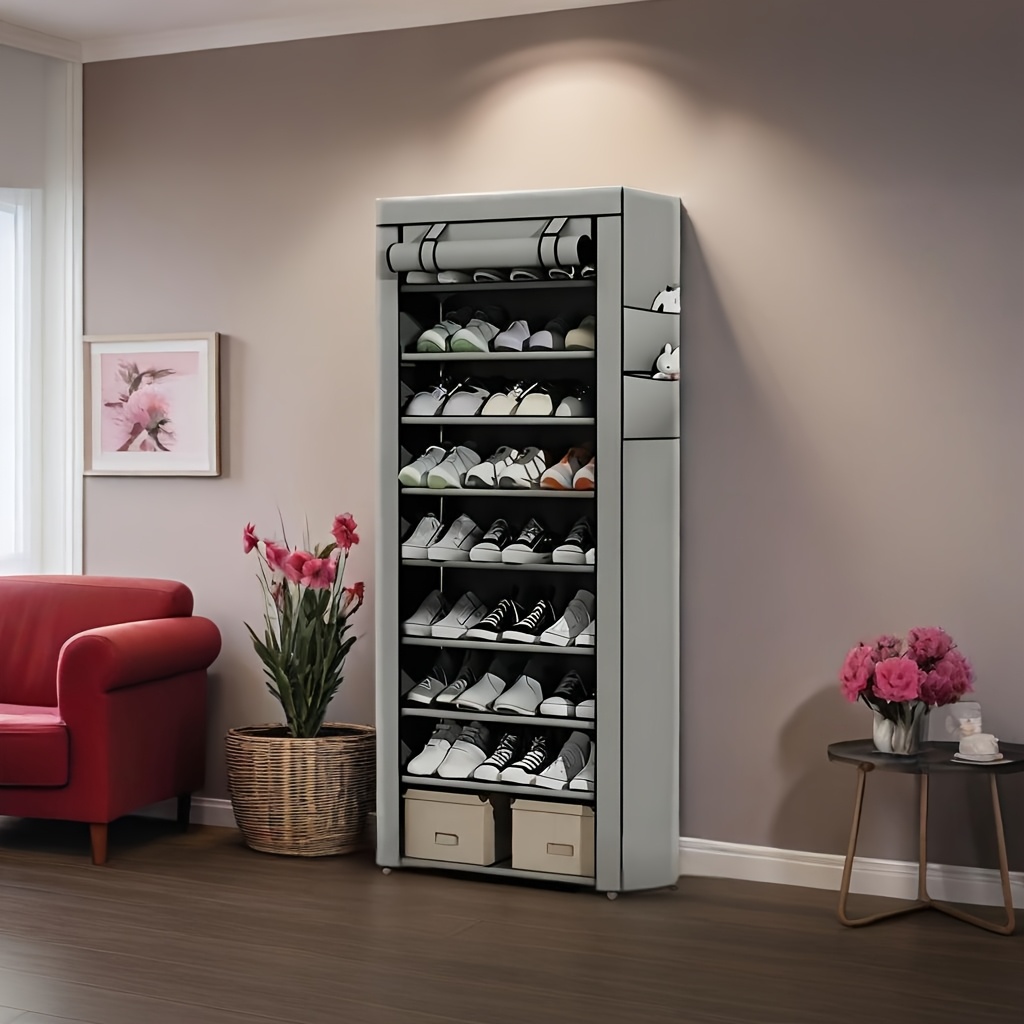 TEMU Organisateur de chaussures multifonctionnel 8/10 couches avec housse -poussière | installation ni utilisation | Cadre en métal + housse en tissu