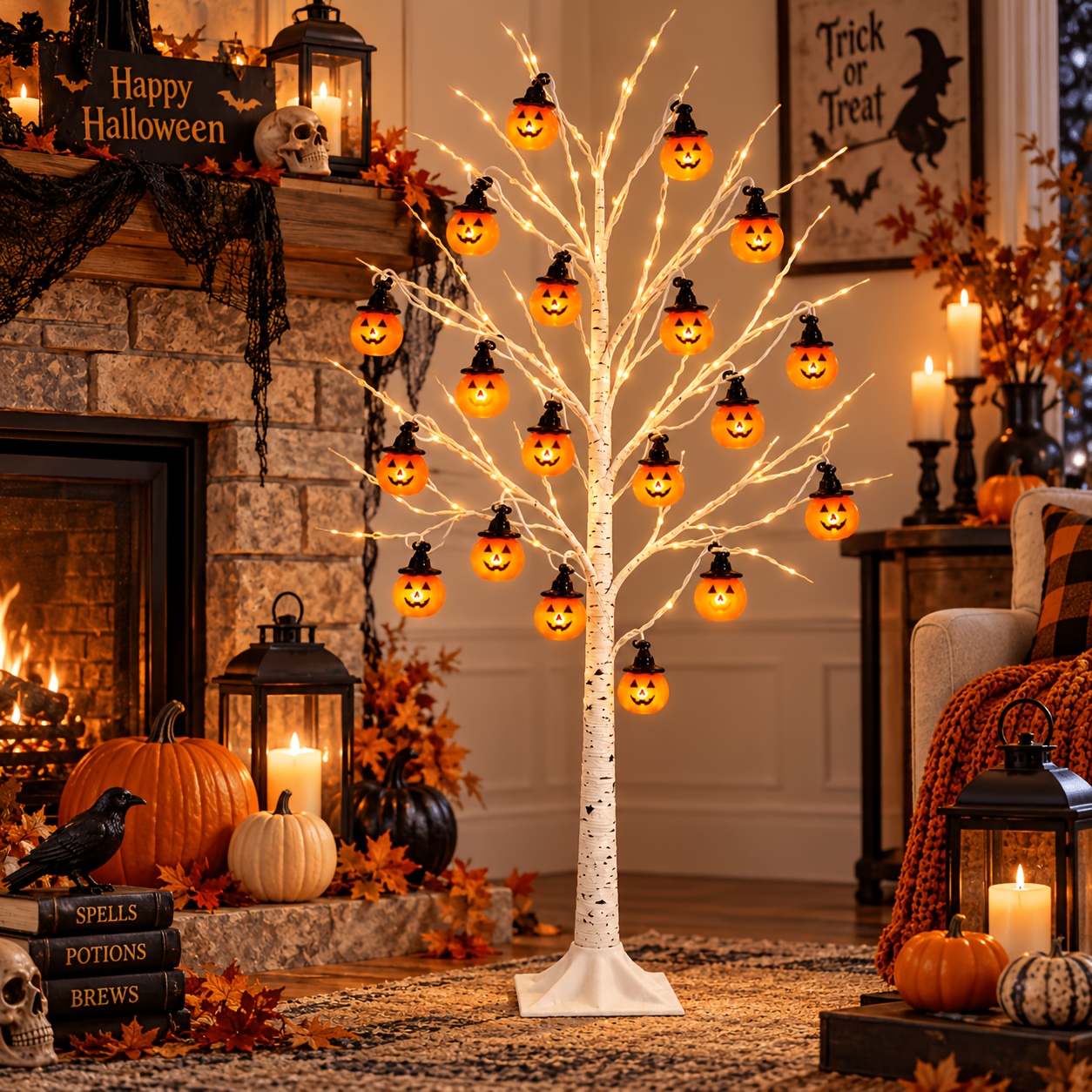 TEMU 1pc Smart Led Light, Lighted Halloween Artificial Tree With Pumpkin Ornaments, Decorative Led Tree, Light Up Tree And Indoor Halloween Decor For