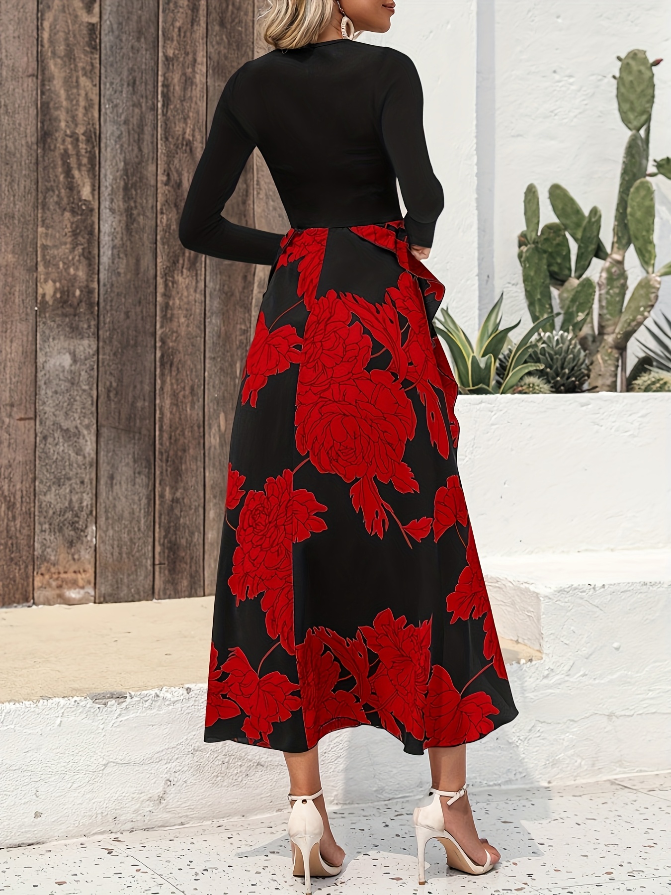 Women'S Elegant Floral maxi dress - Long Sleeve A-Line Formal & casual party gown, Black & Floral Print, for Weddings, Cocktail Events, Everyday Outfits - ZD0529107, Dresses for Wedding Guest, Wedding Guest Attire, Round Neckline, Flowy Skirt Style, Evening Wear, Lightweight Fabric, Bridal Guest Outfit