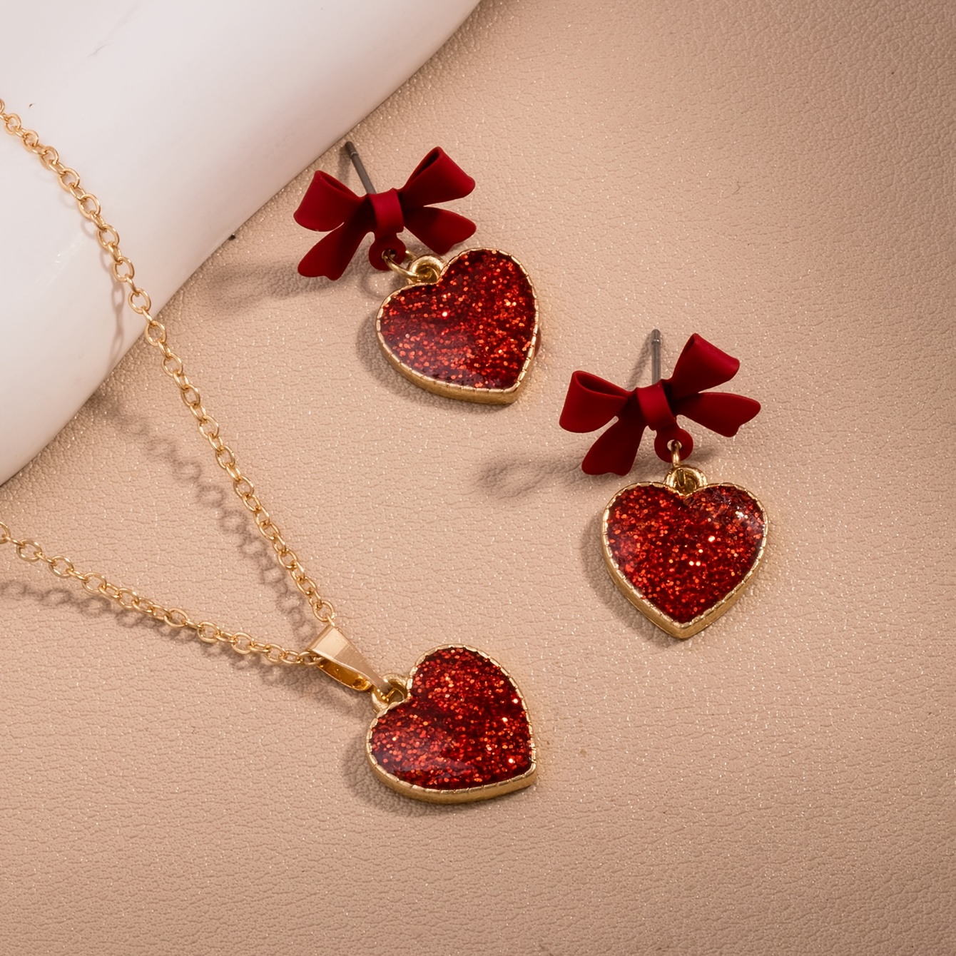Fashionable Exquisite Cute Red Bow Drip Glaze Heart Pendant Necklace Earring Set Valentine's Day Gift Christmas Halloween Accessory
