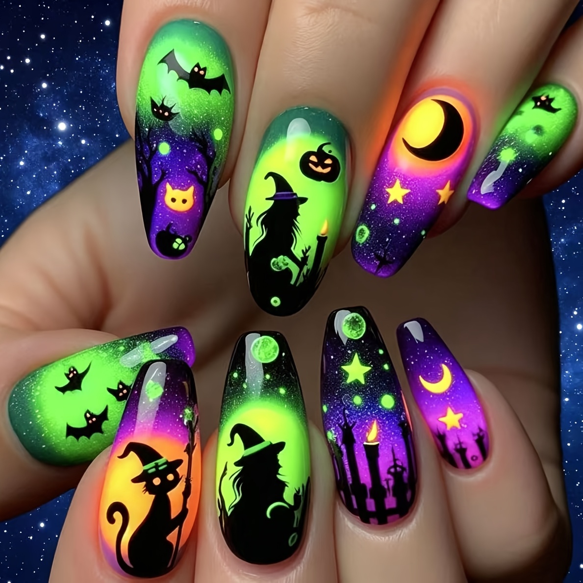 Image of Neon Gradient Witch Halloween Bat Black And Removable Nail Art Tips Water Drop Nails 24pcs Removable Nails