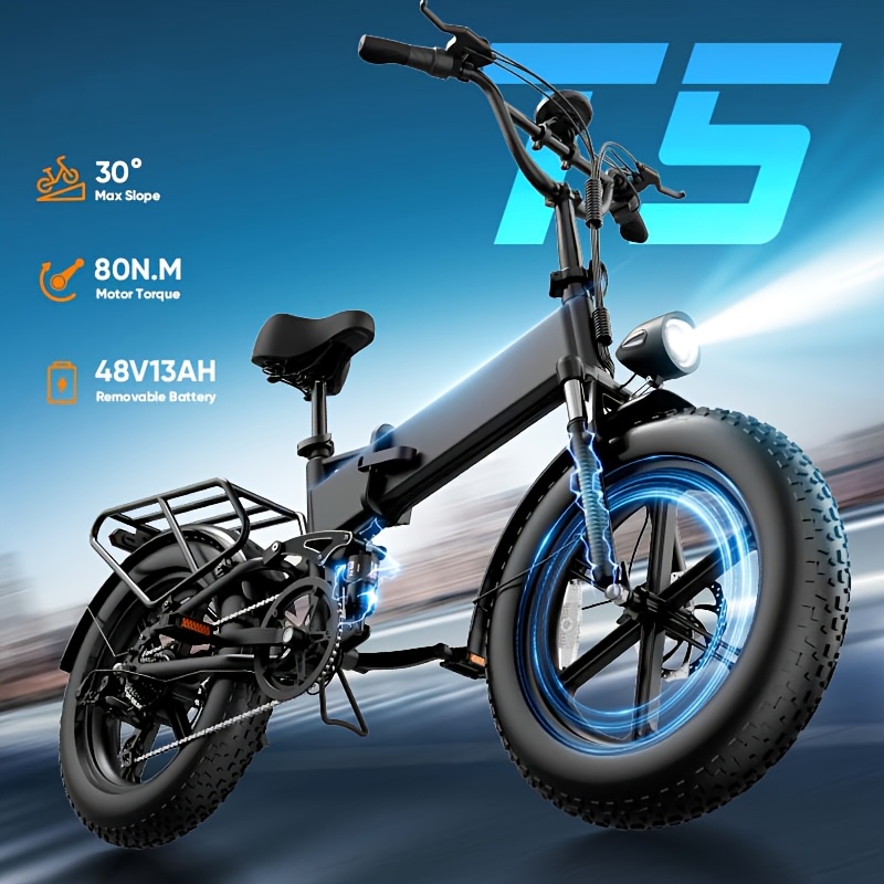 Image of T5 E-bike. Equipped With A 250w Brushless Motor, A Long-range 48v 13ah Removable Battery, 7-speed Control, 20×4" Tires, And Full Front/rear Suspension