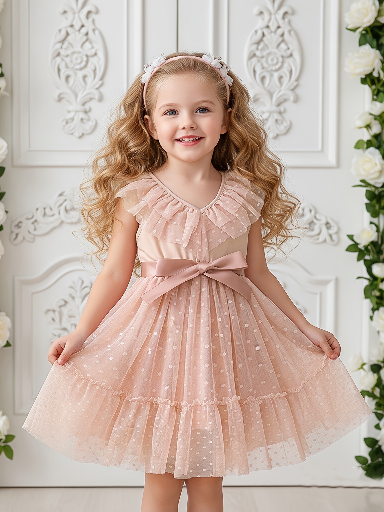 Girls' Polka Dot Mesh Tutu Dress – Elegant Lace V-Neck Party Gown