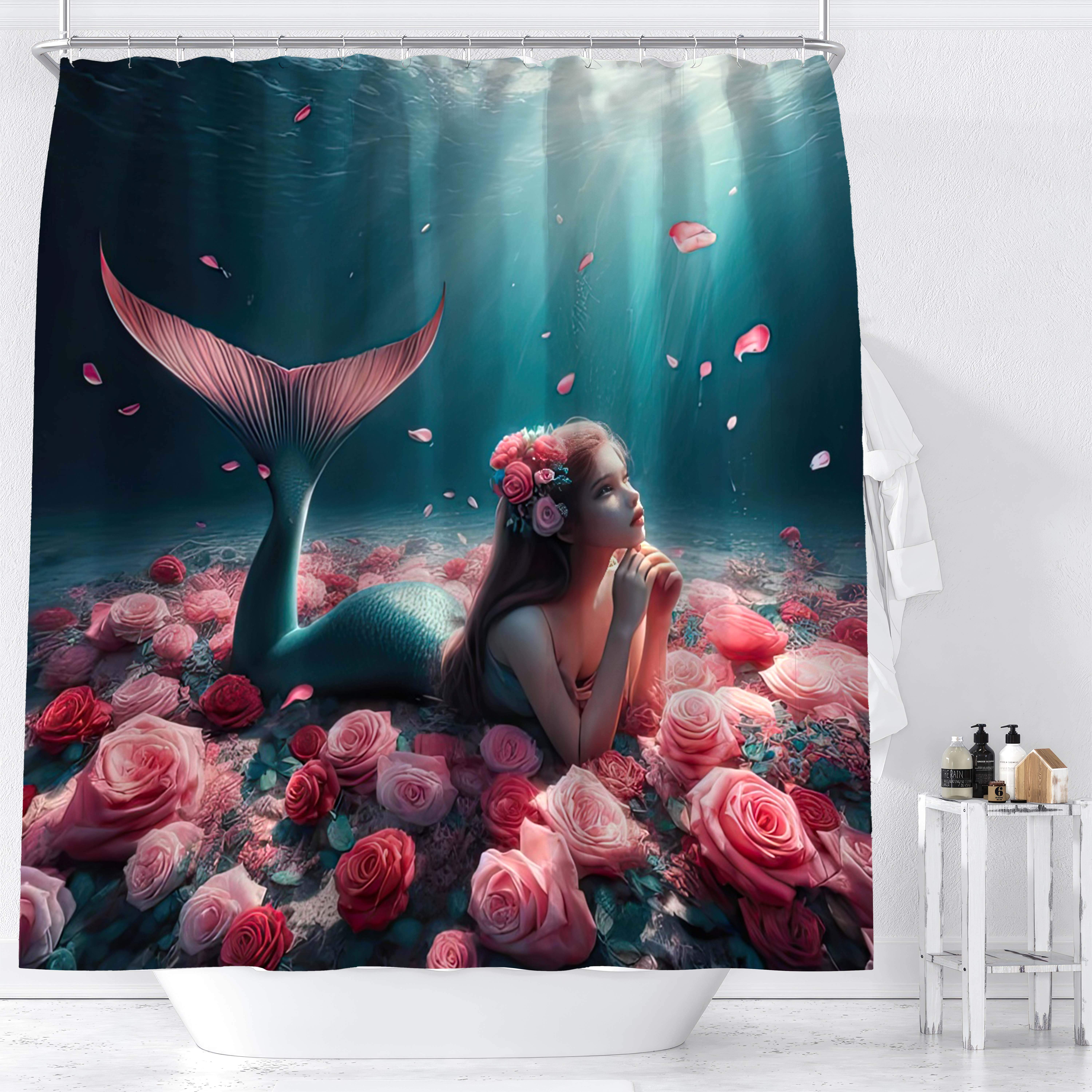 

1pc Blue Ocean Pink Roses Mermaid Floral Artistic Design Digital Print Shower Curtain Waterproof Bathroom Decor