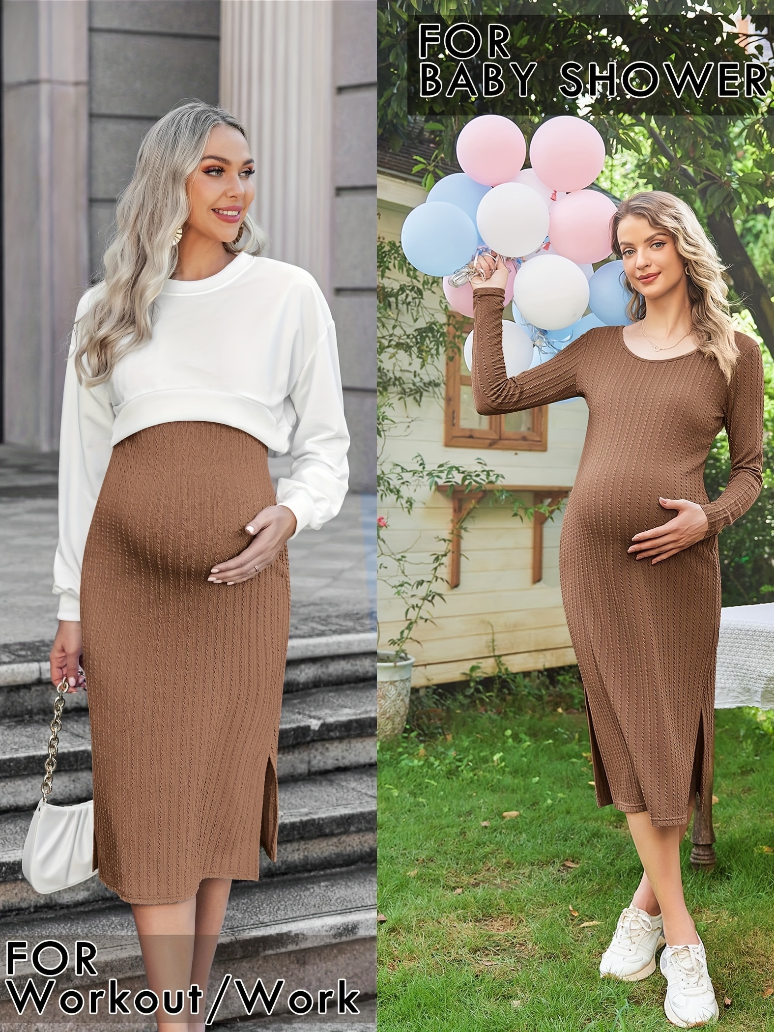 solid color maternity dress rib knit long sleeve side slit - Temu