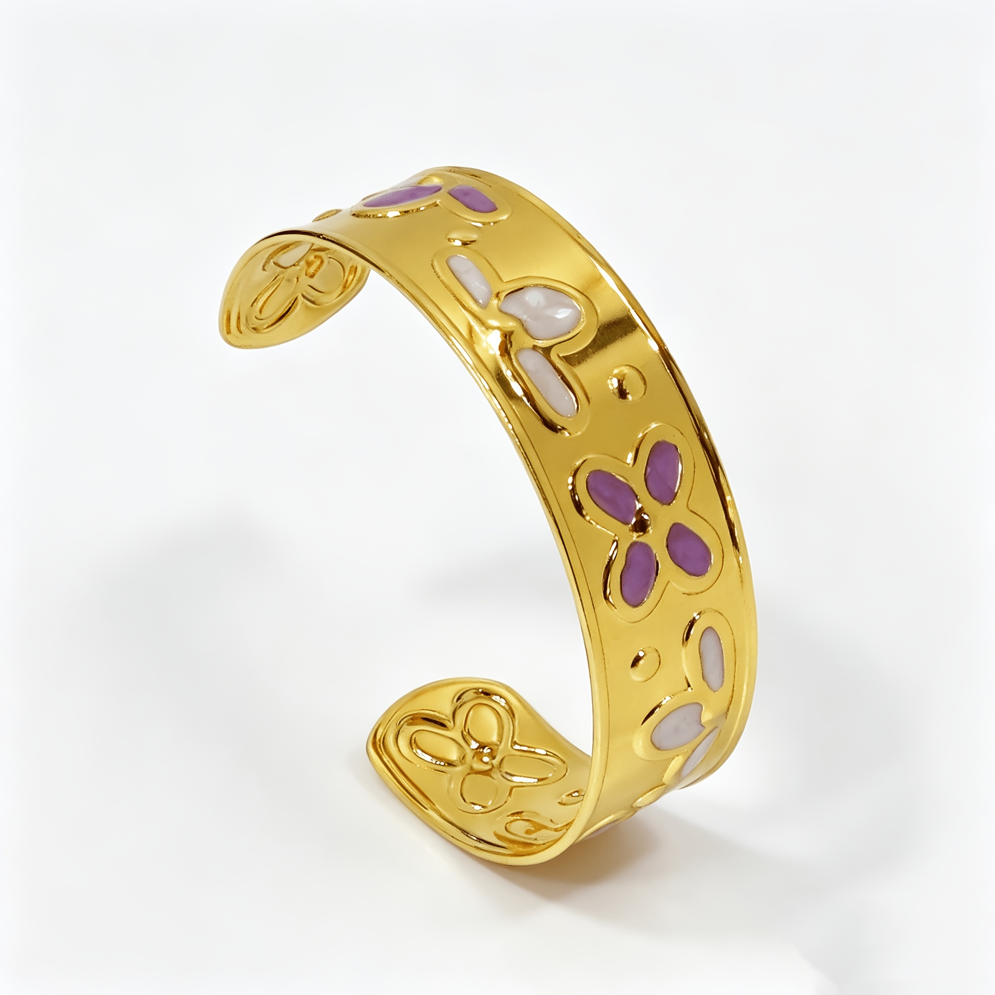 Women's Embossed Floral Enamel Golden Tone Open Cuff Bangle