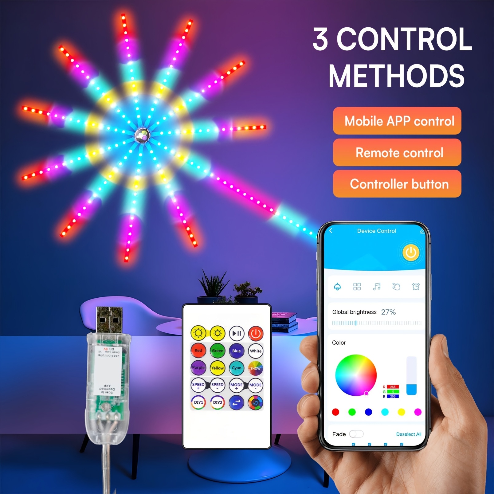 TEMU 1pack Led Fireworks Lights 20inch, Smart Lights, Supports App (with Remote Control Included), Rgb Color To , Suitable For Bedrooms And Living