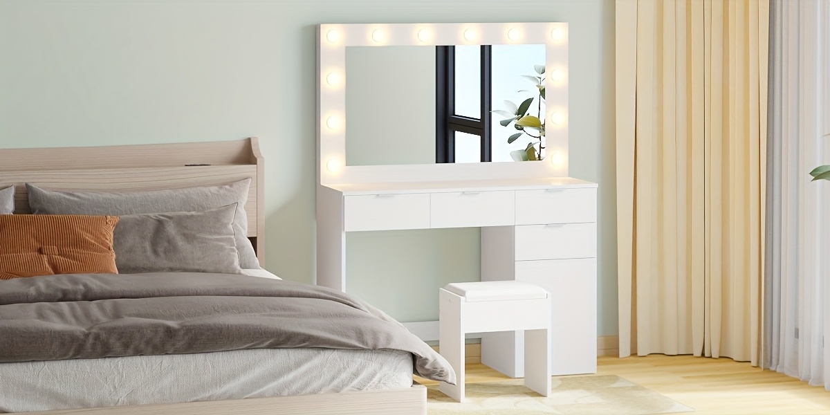 dressing table stool set with large make up   12 led bulbs vanity desk with 4 storage drawers and 1 cabinet for women girls wooden home bedroom furniture white Product details 1