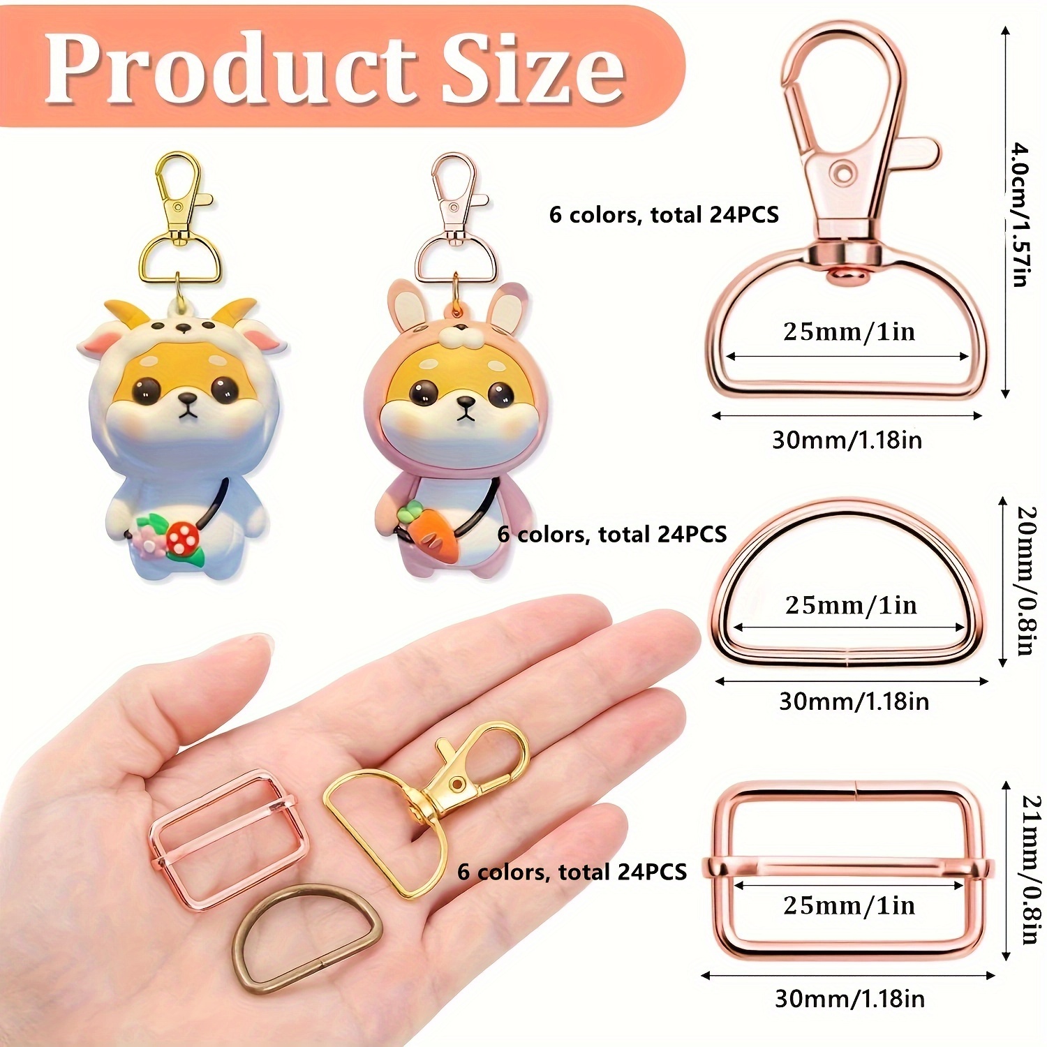 72pcs Colored Metal D-ring Keychain Keychain Rotating Hook Hook Hook Sliding Diy Luggage Accessories Hardware Hanging Rope Crafts