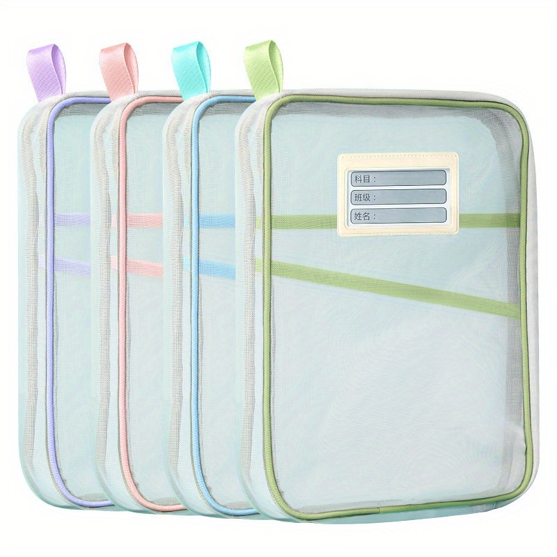 TEMU 4pcs Pastel A4 File Bags - Durable Mesh Document Organizers With Zipper Closure, Portable School & Office Storage For Textbooks, Stationery,