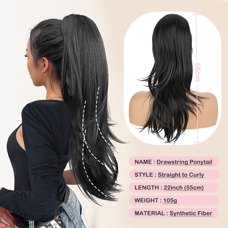 22inch 55cm drawstring ponytail extension multi layered hairpieces stand   pony tails long straight to curly hair extensions with mini clip wrap on ponytails pure highlight soft natural synthetic hairpiece for daily party halloween christmas details 2
