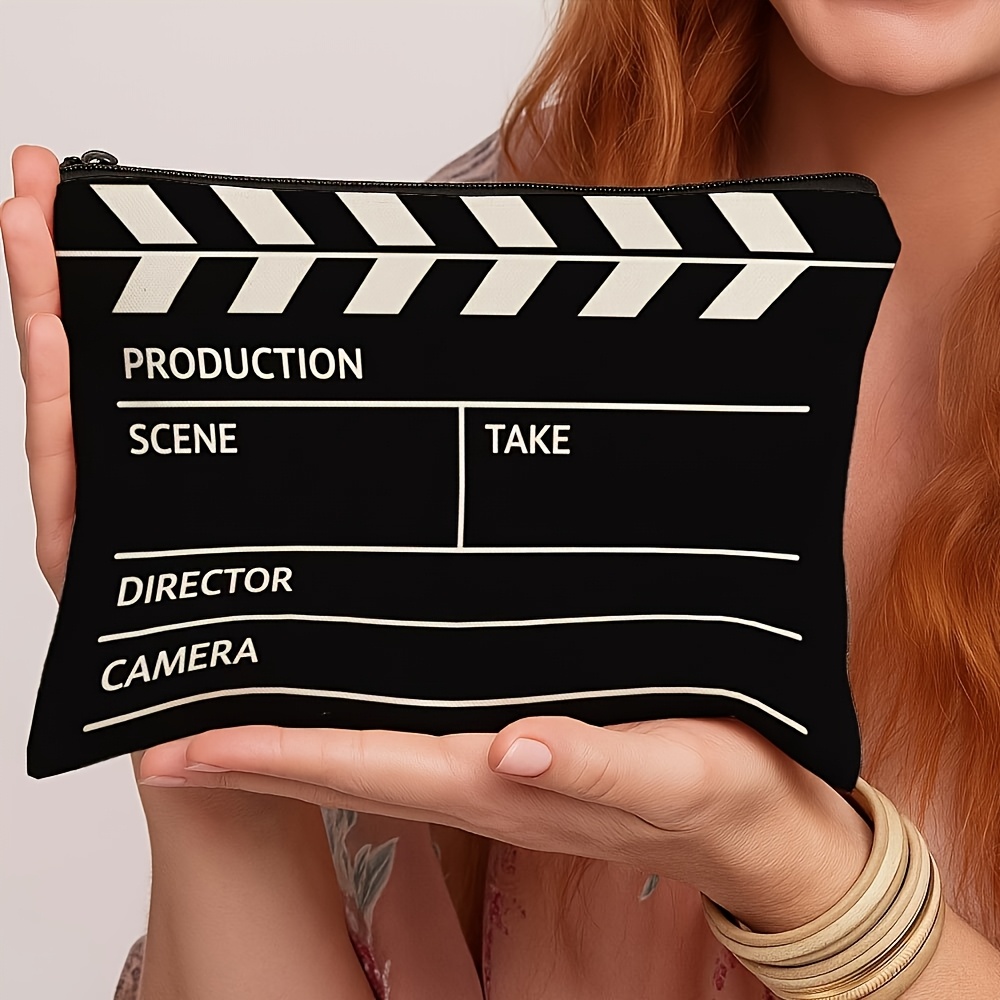 TEMU Borsa per trucco con stampa ciak da film, pochette portaoggetti portatile, design in e , adatta per uso o decorazione per feste da parte di