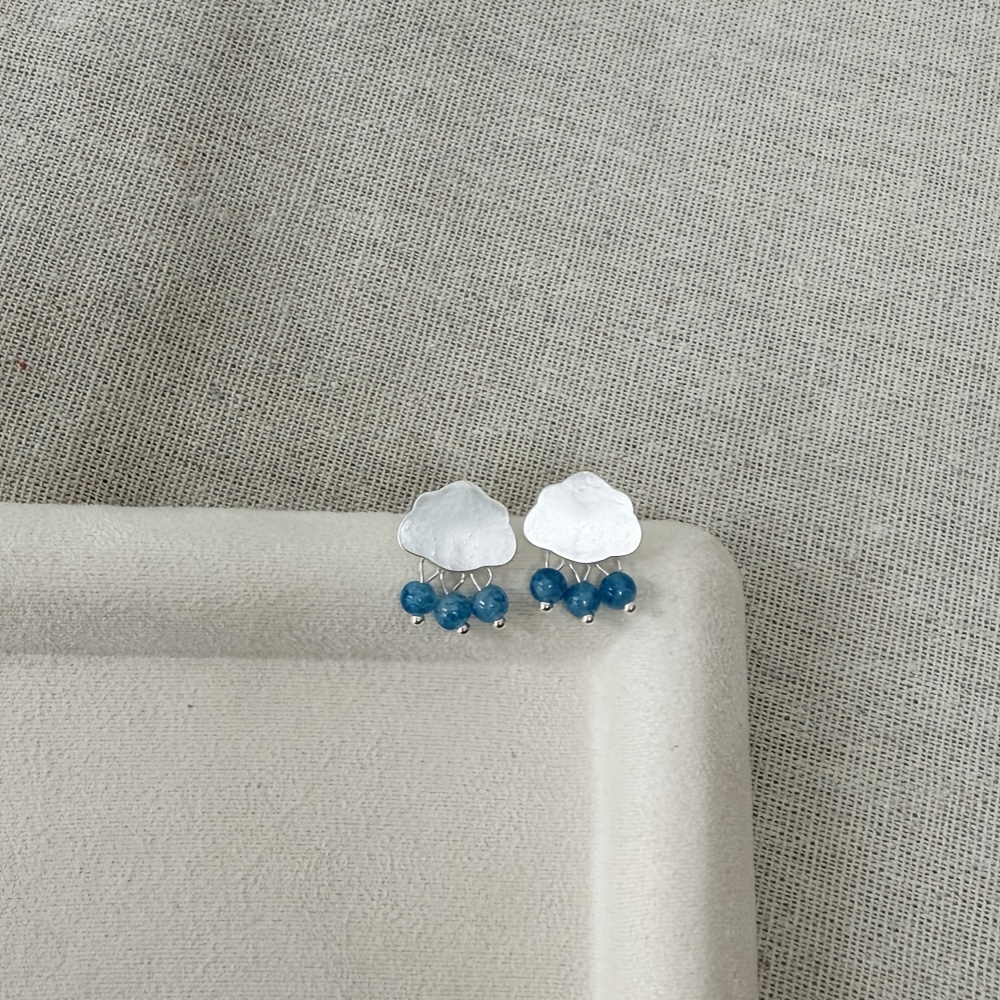 TEMU A Pair Of Niche, Trendy, And Silvery Cloud And Raindrop Stud Earrings, Minimalist Blue Teardrop Earrings For Women With A High-end Vibe