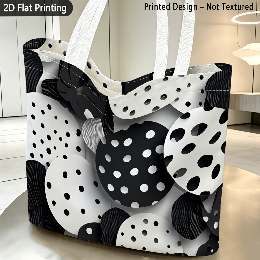 TEMU 1pc, Women's Shoulder Bag, [printed Design - Not Textured] 2d Flat Black And White Polka Dot Theme Printed Pattern Shoulder Bag, Exquisite