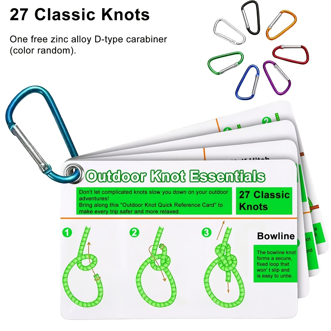 Outdoor Knot Reference Guide - Features 27 Essential Knots For Rope-tying Needs, Includes An Ipc Mini Storage Clip With Random Colors. Suitable For Emergency Kits, Boating, Camping, And Urgent .