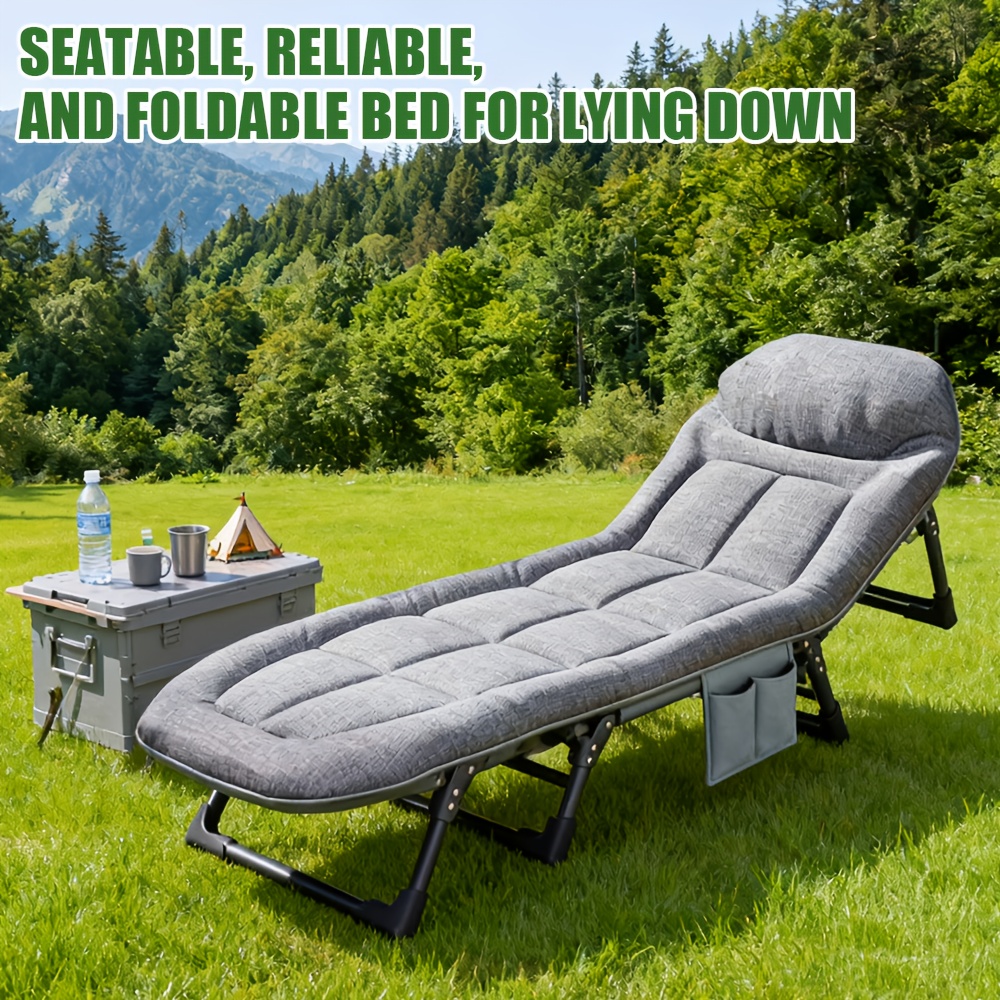 item picture This Is a Portable Camping Bed for Adults That Includes a Cushion And Pillow, Featuring Five Adjustable Positions And a Side Pocket for Storage. It Makes an Excellent Christmas Present And Is Ideal for Travel, Camping, Fishing