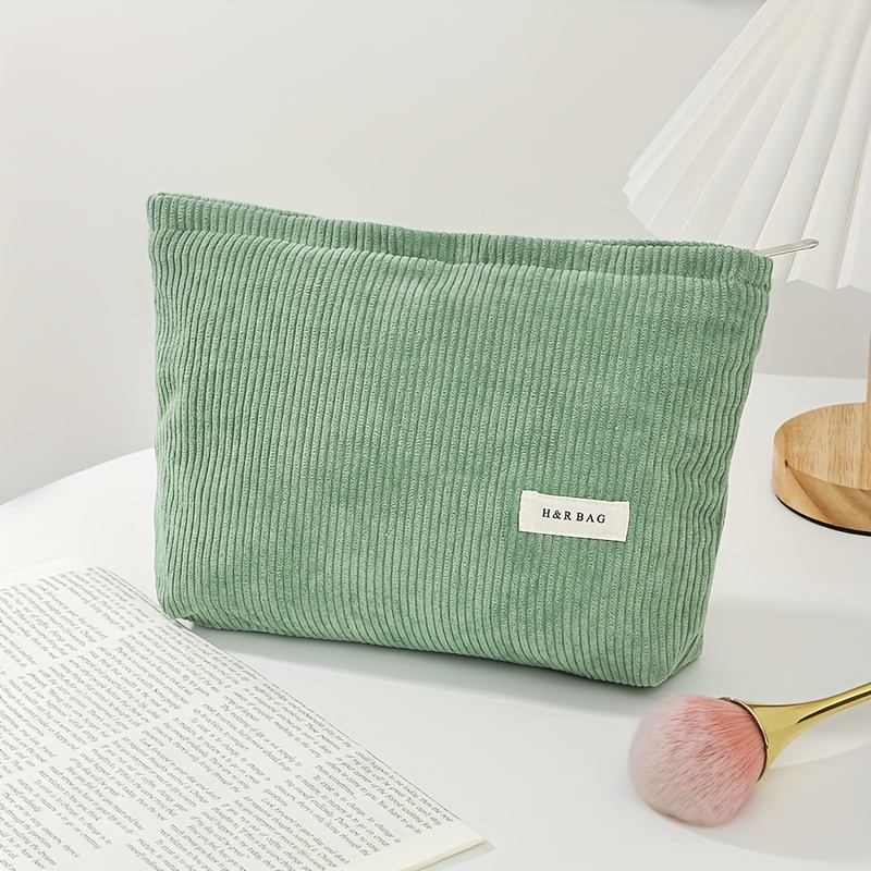 TEMU 1pc Corduroy Makeup Bag In Solid Color Stripes, Large Capacity And Handheld, Essential For Autumn And Winter Storage, Suitable For Daily ,