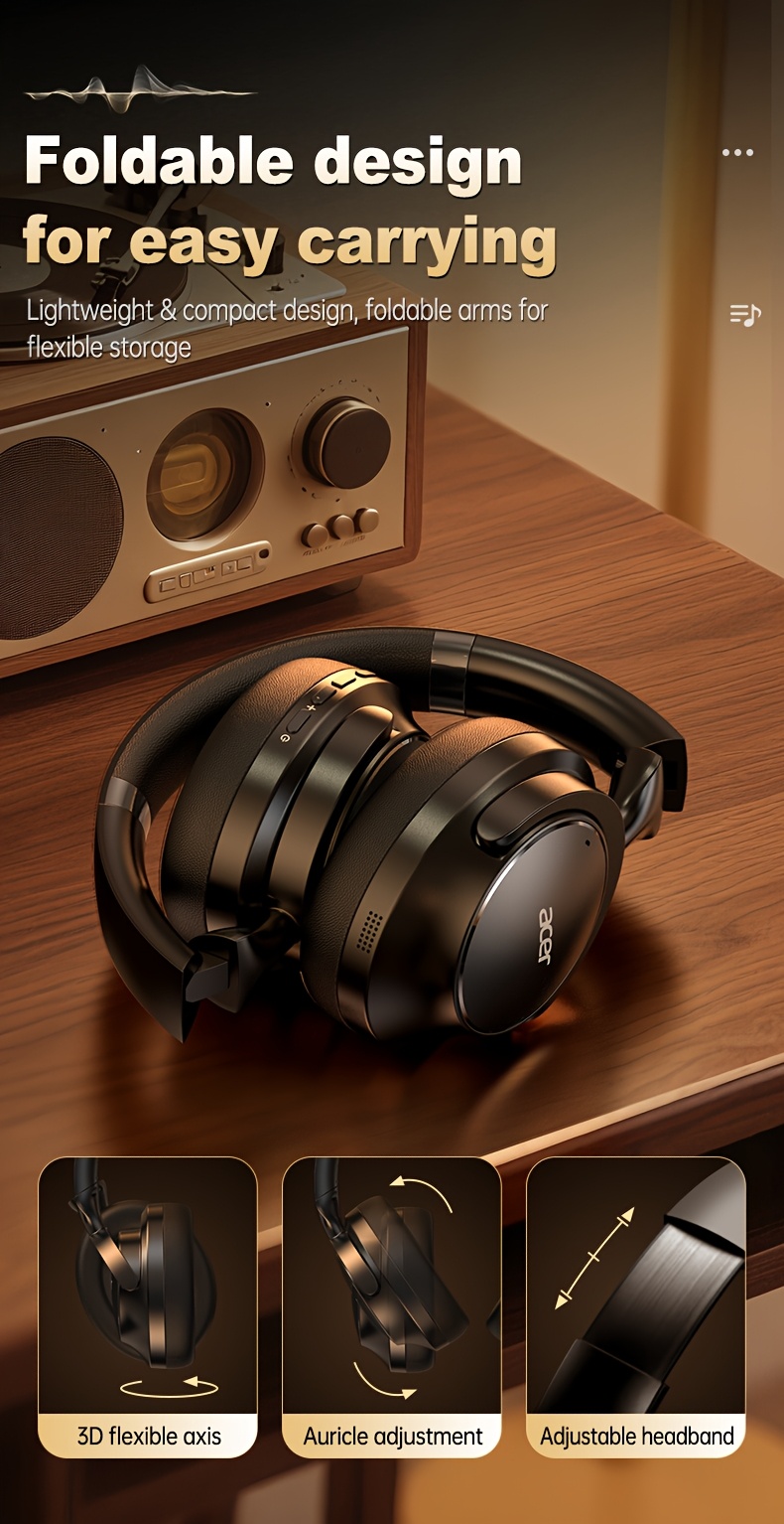 Casque sans fil Acer Ohr560 | Circum-aural avec suppression du bruit ANC, conception d'oreille à couverture complète, pliable, microphone à condensateur intégré, son stéréo Hi-Fi, réduction du bruit des appels HD ENC, compatible avec câble audio 3,5 mm, chargement USB