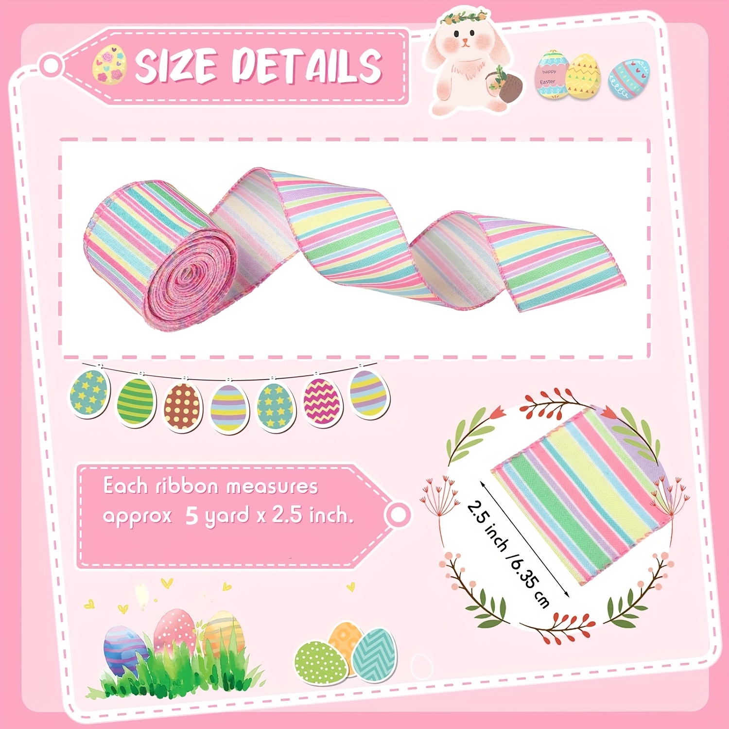 2 Rolls Easter Spring Wired Ribbon - 2.5 Inch Pastel Plaid & Stripe Craft Ribbon 10 Yards Total