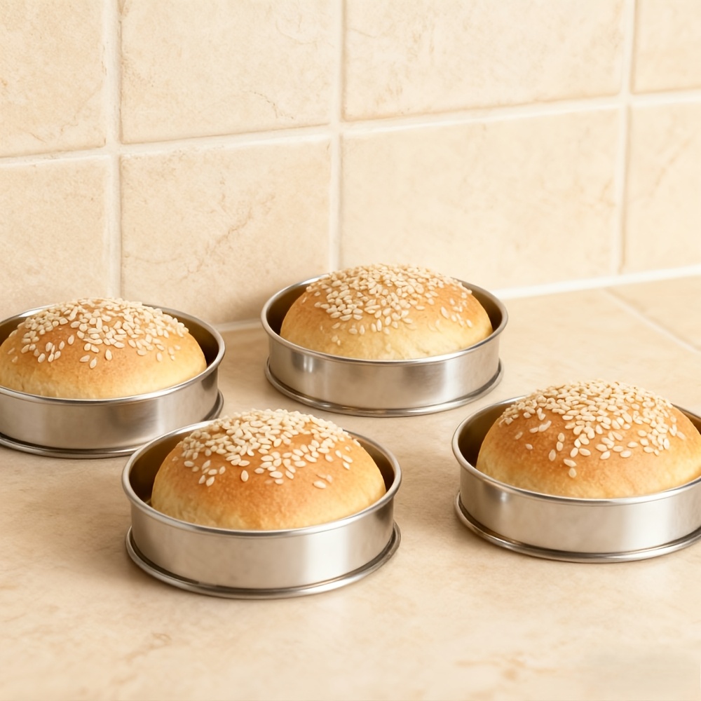 TEMU 4 anneaux de cuisson en acier inoxydable - Bord double roulé antiadhésif rond | Convient pour burgers, , muffins et scones
