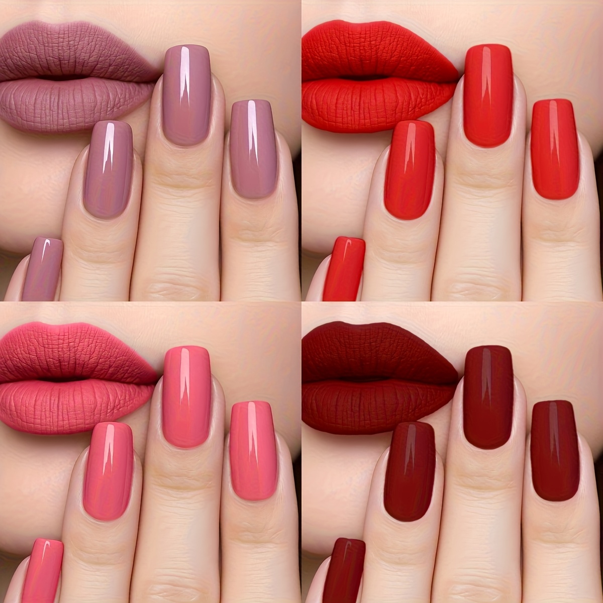 E-shop 96 Stück (4er-Pack) Mittelgroße, quadratische, aufdrückbare Fingernägel, Kirsch-Lila, Rot, Pink, Burgunderrot, modische Premium-Falschen-Nägel,