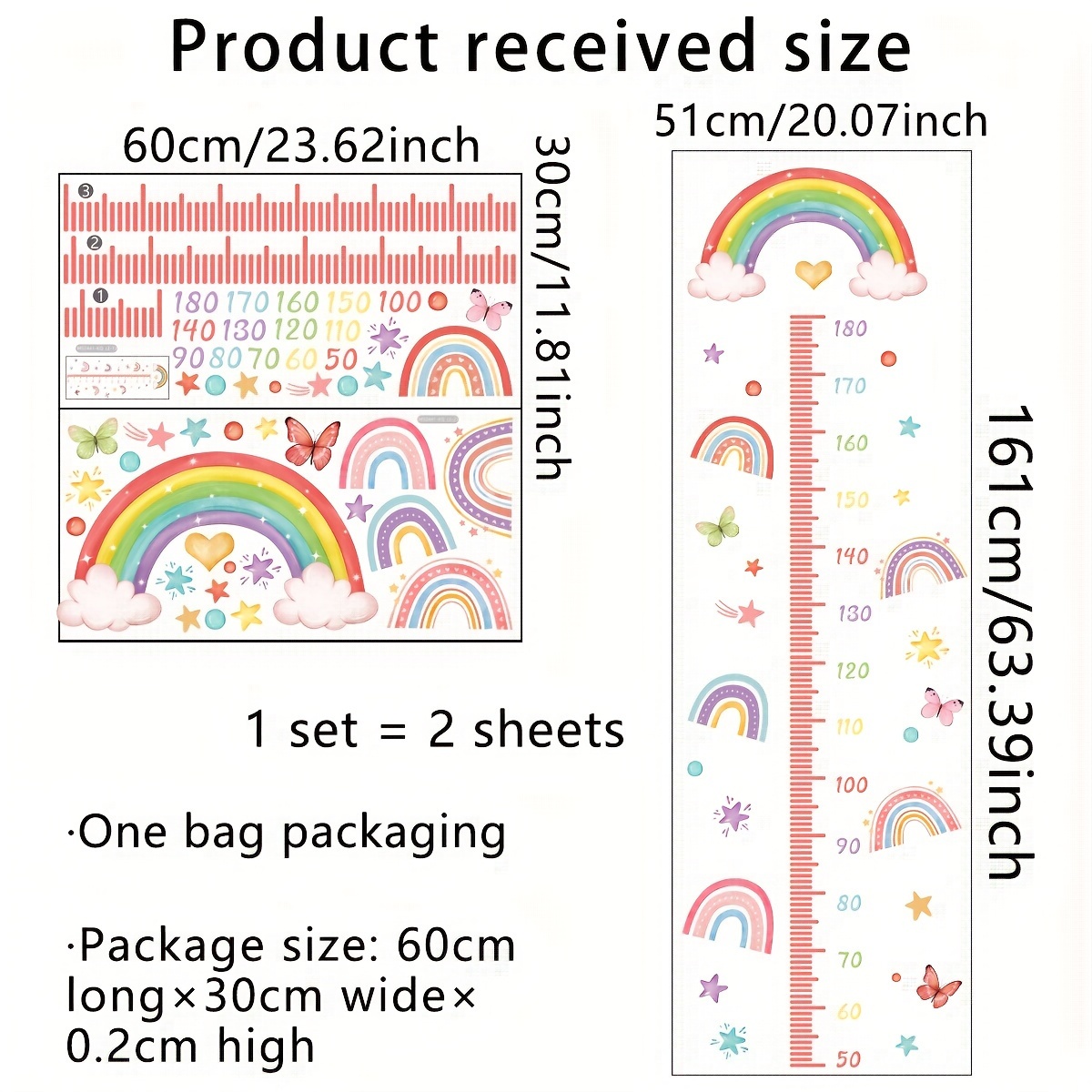Image of A Set Of 2 (30*60cm*2pcs) Rainbow Height Stickers Star Measuring Height Ruler Bedroom Living Room Home Decoration Wall Stickers