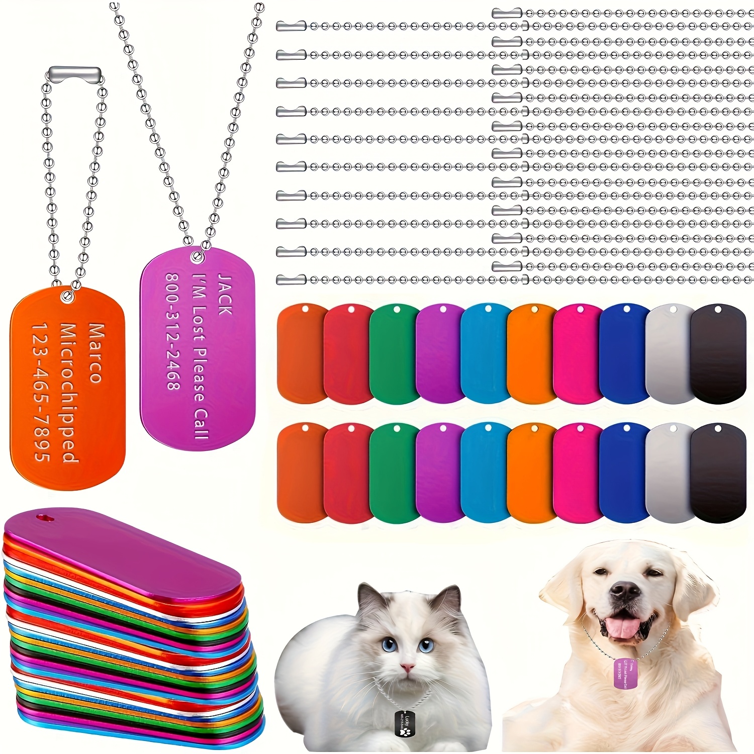 Image of Set Of 40 Colorful Dog Tags Featuring 20 Blank Tags And 20 Ball Chains, Perfect For Decorative Pet Tags