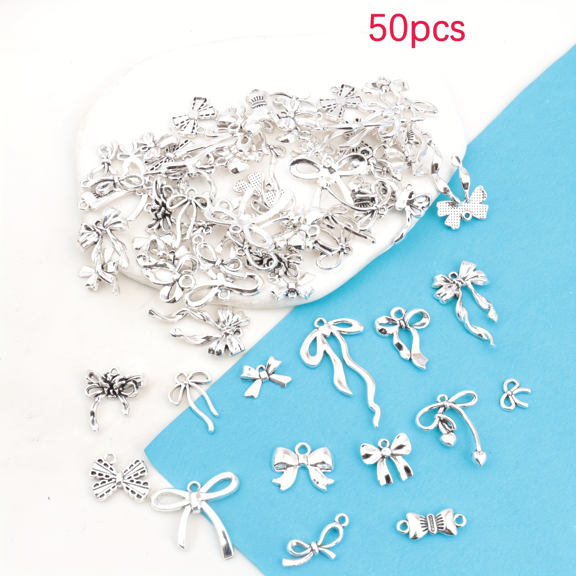 Image of 20pcs/50pcs Random Assortment Classic Silvery Bow Random Assortment Fashionable All-match Bow Pendant Connector Bracelet Necklace Earring Making Materials Jewelry And Additions Making Additions