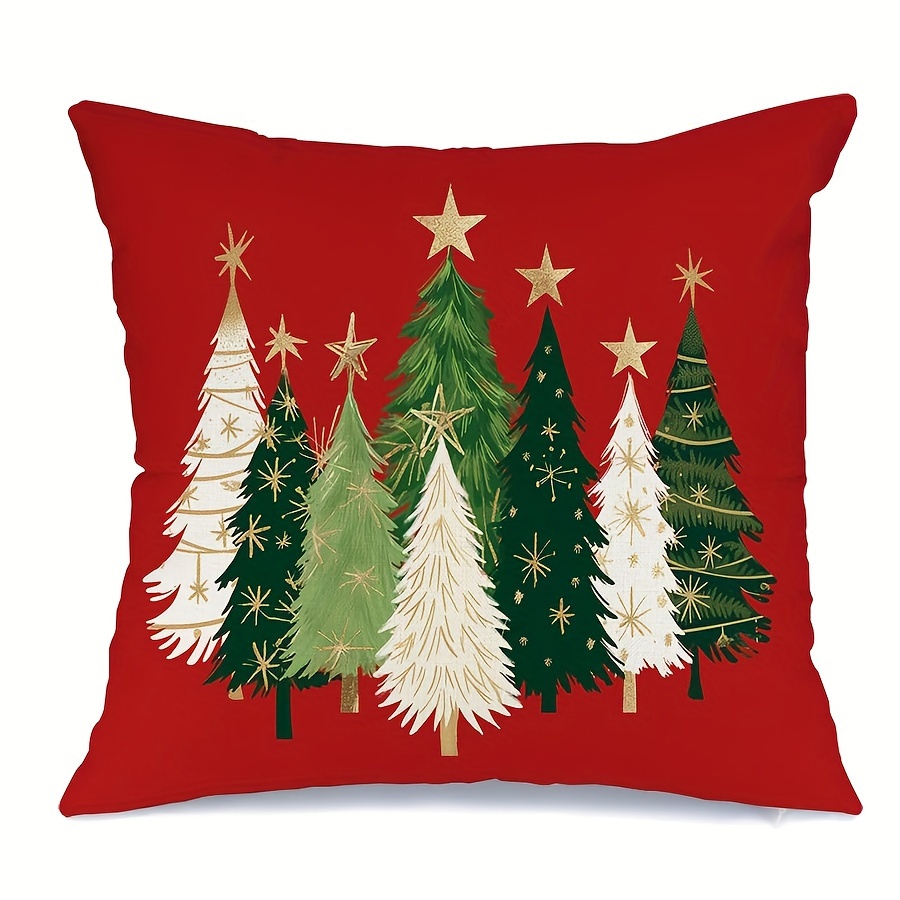 

1pc Farmhouse Christmas Tree Star Pillowcase, 16x16/18x18/20x20 Inch, Contemporary Style, Red, Single Sided, Zippered, Polyester, Machine Washable, Decorative Cushion Cover For Home And Sofa Decor