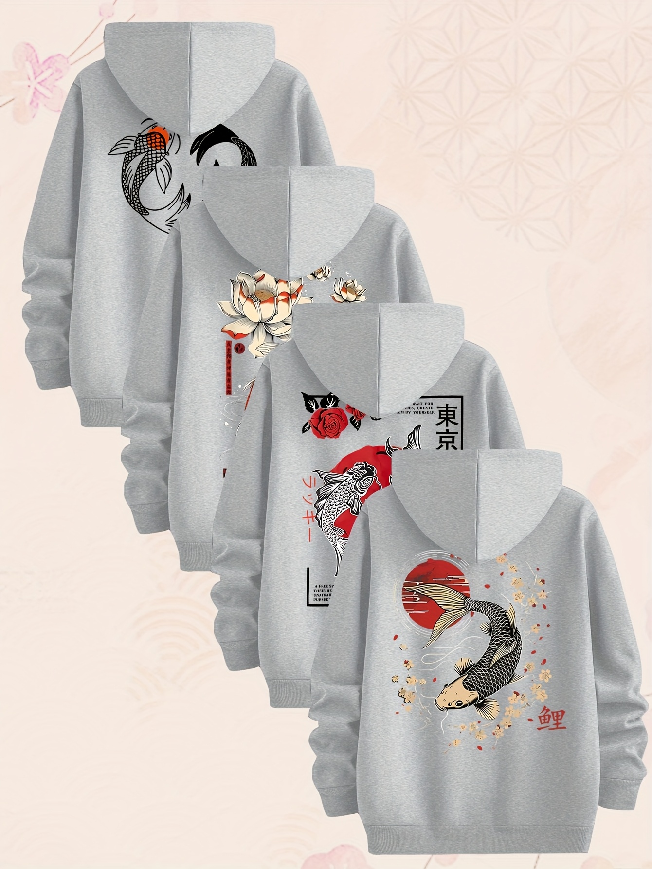 Carp Element Pattern Sweatshirt Four-Piece Men'S Hoodie, Made of Knitted Fabric, Casual Style, Fitted Hoodie Multi-Piece Set - Image 3