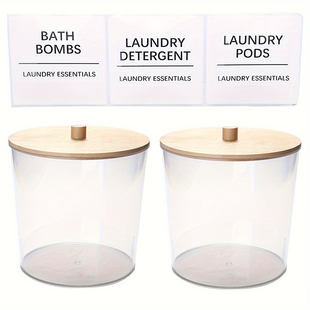 Image of 1pc/2pcs Large Clear Laundry Container For Organizing, Plastic Laundry Dispenser Jars With 3 Bamboo Lids And 3 Labels, For Laundry Room Accessories Storage And Organization, Laundry Bags