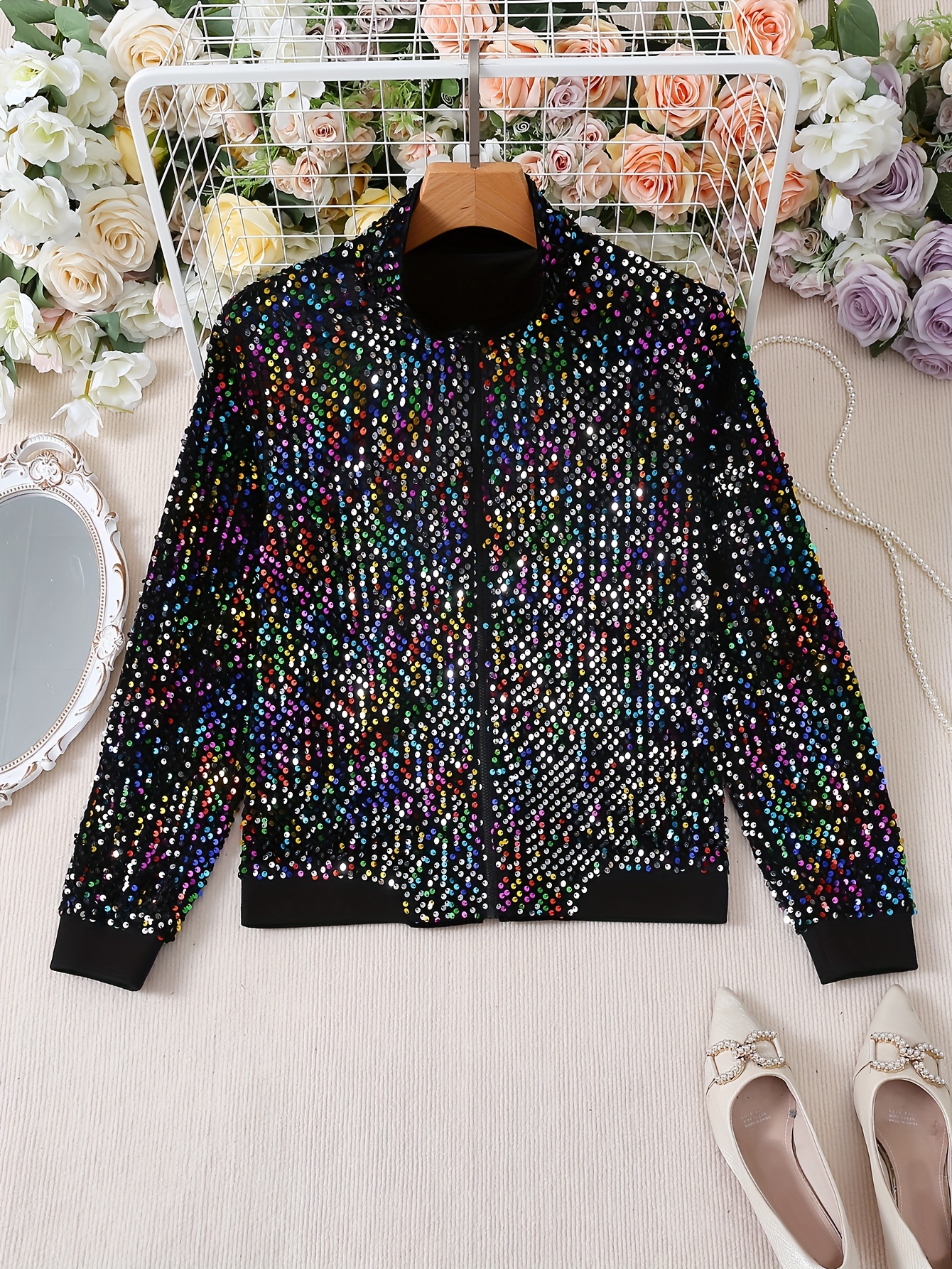 sequined zip up jacket elegant long sleeve jackets for spring fall womens clothing