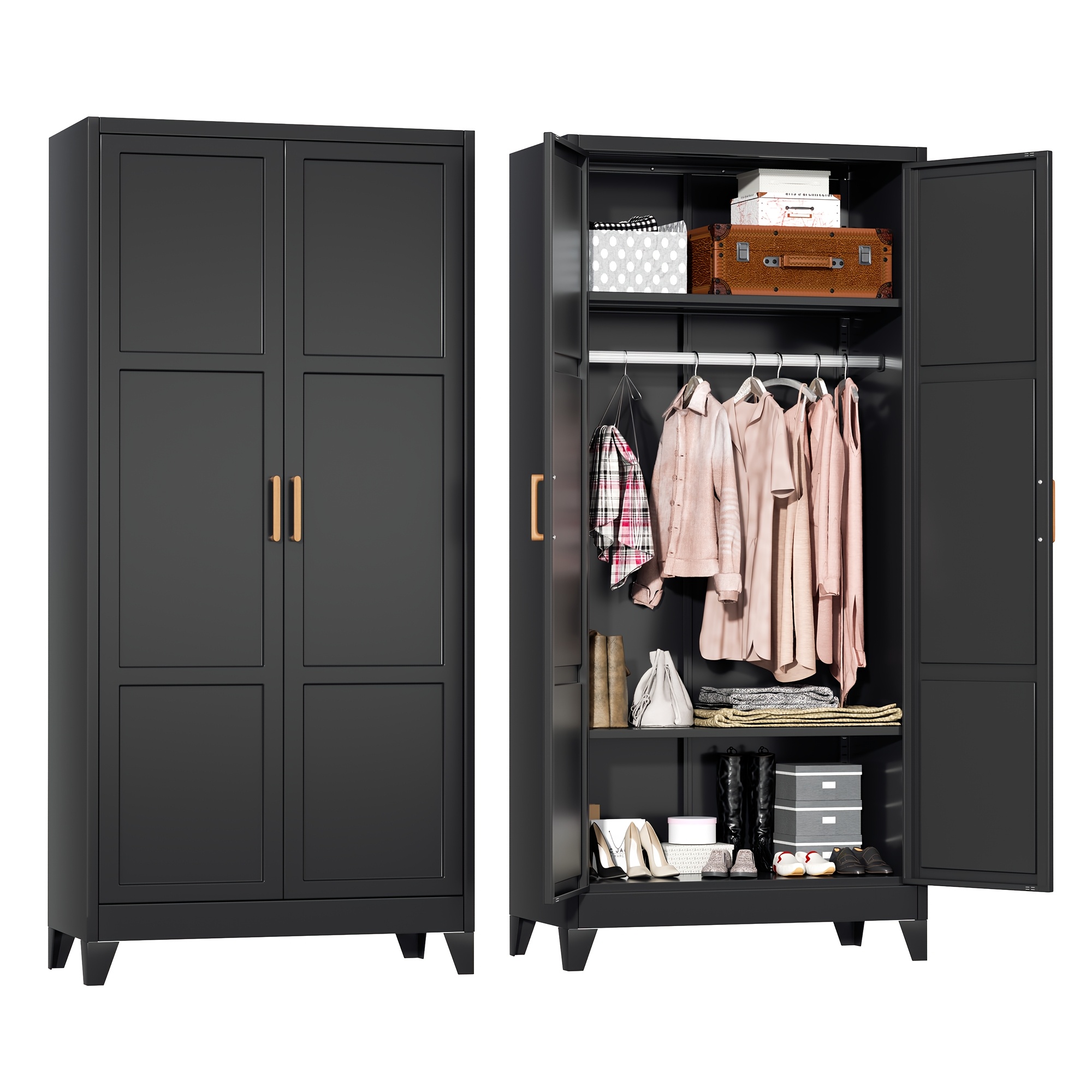 TEMU 71" Tall Metal Wardrobe Cabinet, Closet Organizer With Hanging Rod, Heavy Duty Storage Cabinet For Home, Bedroom, Laundry Room, Office, Gym