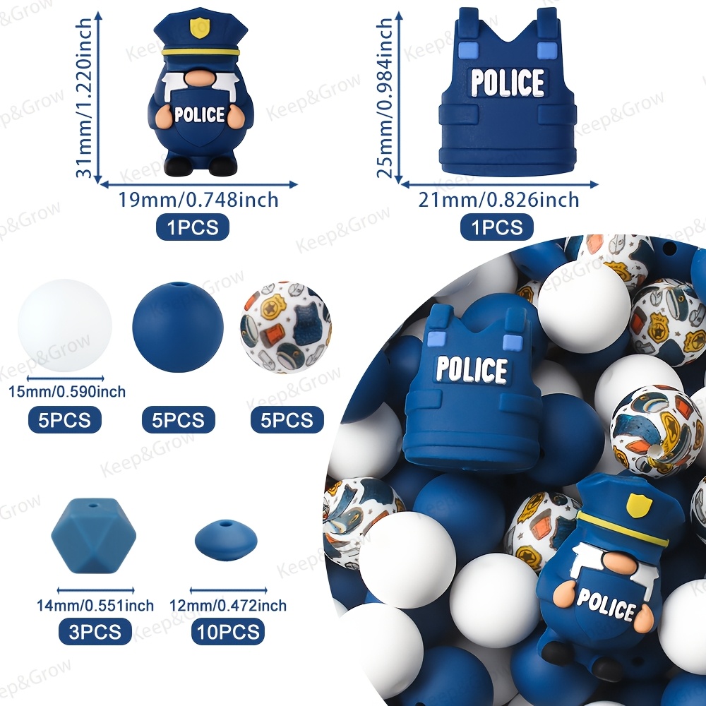 TEMU Lot de 30 perles en silicone 3D sur le thème de la police, perles focales mignonnes de gnomes 3D avec gilet de police, parfaites pour la