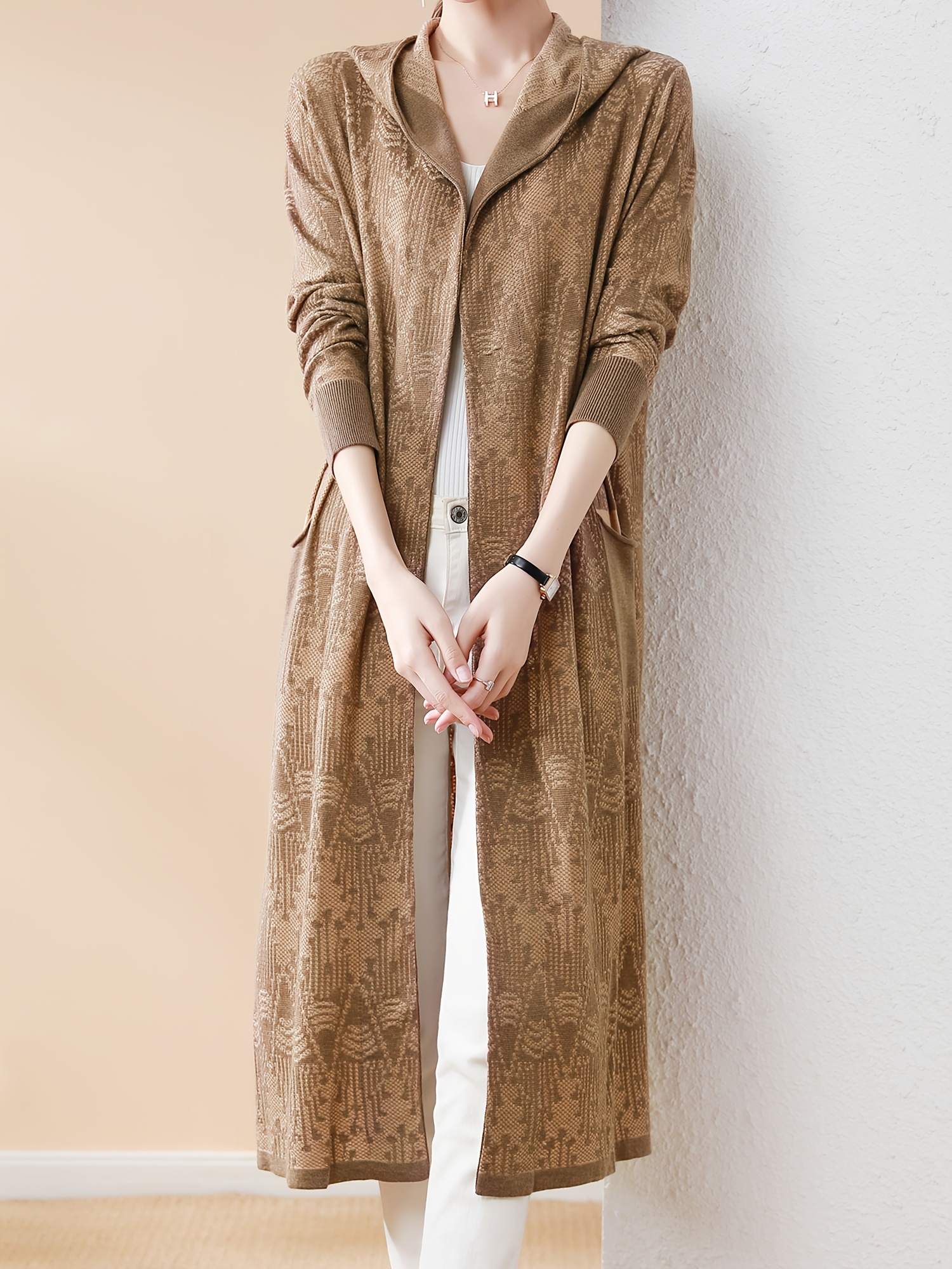 Baberdicy Cardigan Sweater Women's Solid Color Long Sleeved Hooded Medium Length Sweater Cardigan Women S Cardigans Khaki