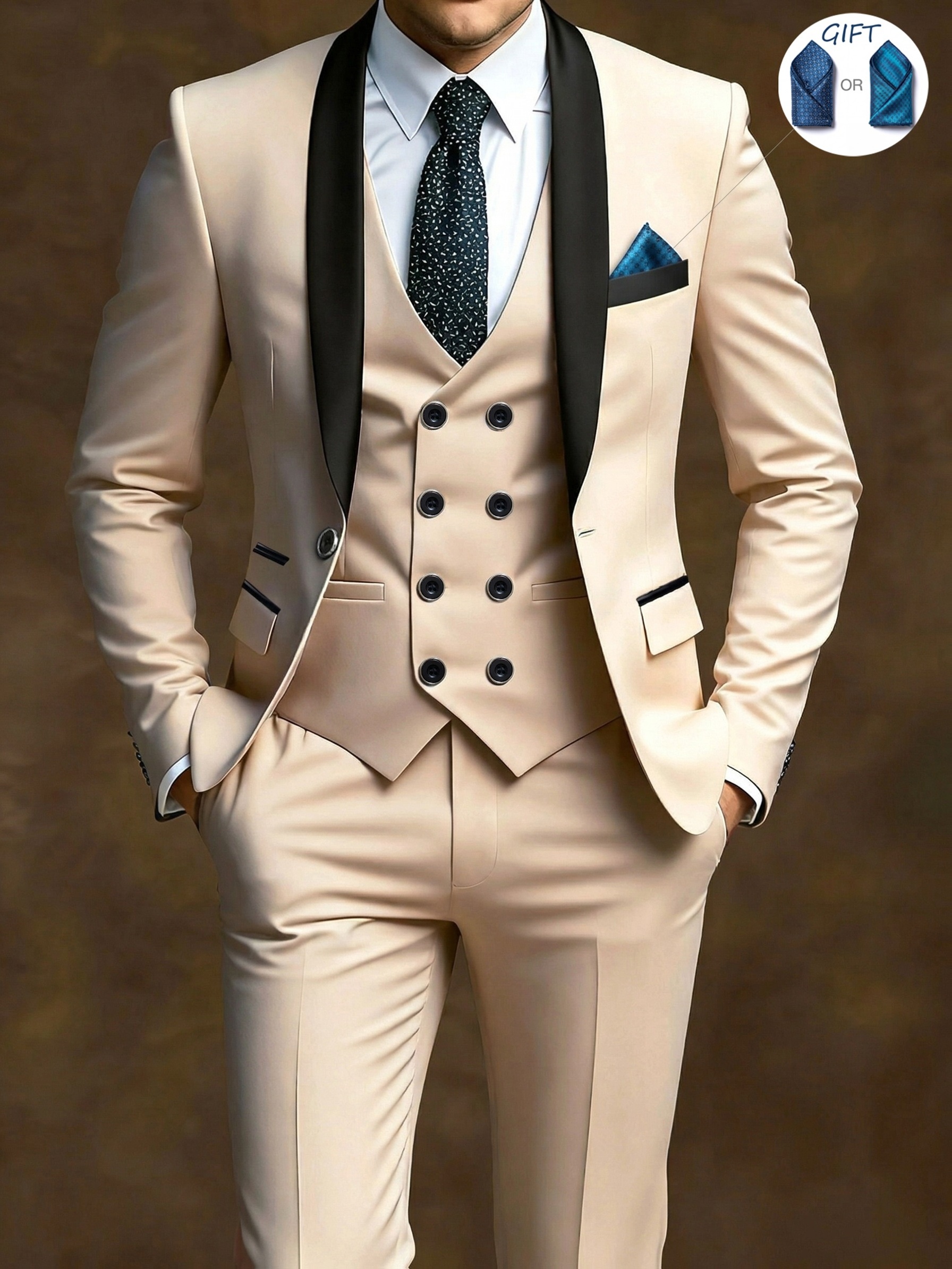 Ensemble costume élégant 3 pièces pour homme - Costume et pantalon coupe ajustée pour mariages et occasions formelles, convient pour réunions de bureau et événements élégants, tenue de cérémonie | Costume coupe ajustée | Costume de mariage durable. Inclut un mouchoir de poche à motif aléatoire.