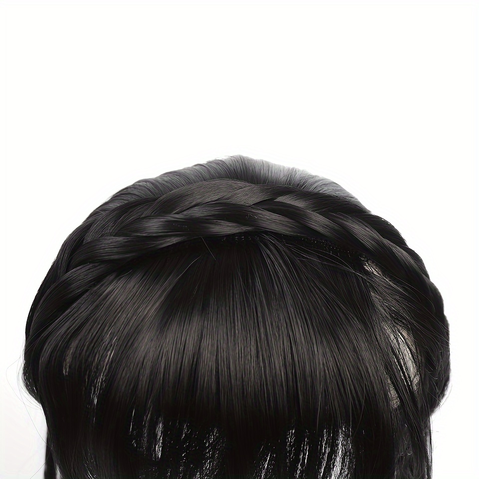 womens synthetic straight hair topper with clip in bangs and overhead braids natural looking   fringe hair extension hairpiece for all women styles details 4