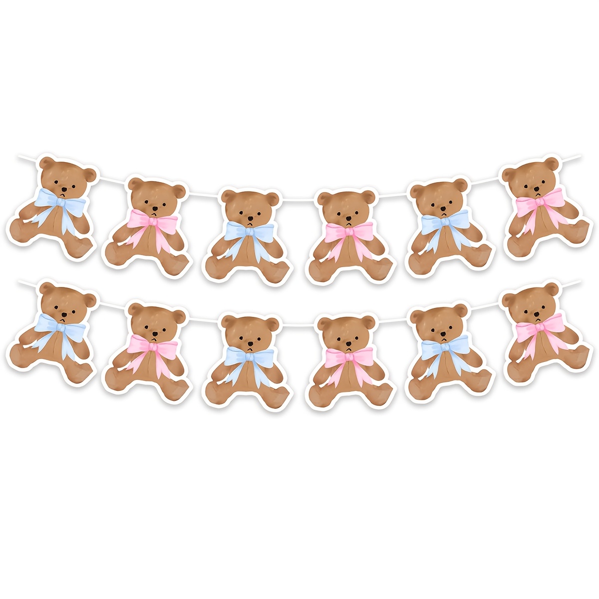 TEMU 2 Sets Waterverf Roze En Blauwe Strik Teddybeer Vlaggenlijn Banner, Schattige Zittende Bruine Beer met Alternerende Pastelroze En Lichtblauwe