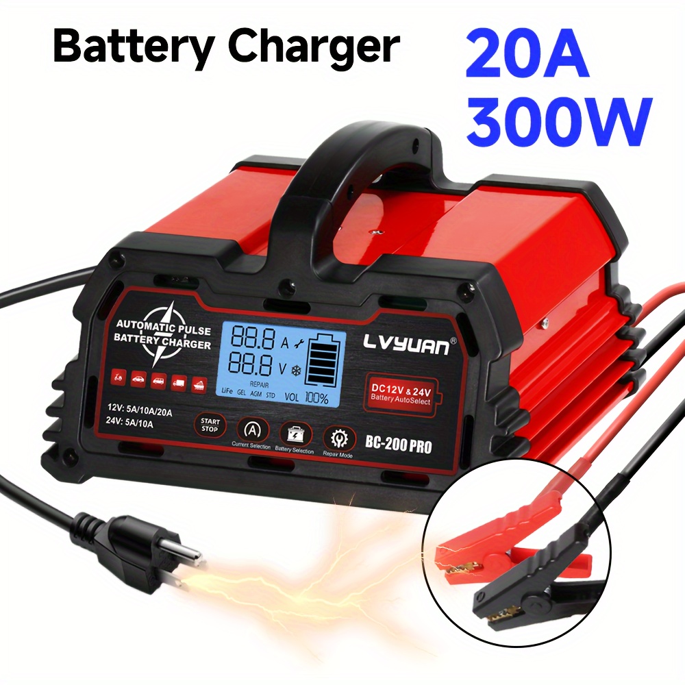 

12v/24v 20a Car Battery Charger Heavy Duty, 0-20a Automatic Battery Maintainer With Auto Shutoffs, Repair, Winter Mode, High/low Trickle Charger And Desulfator, For Boat, Motorcycle, Lawn Mower