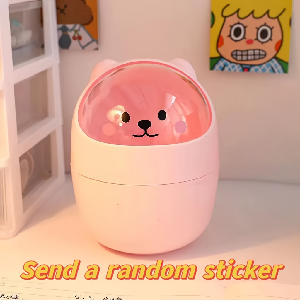Image of 1pc Tabletop Trash Can, Cute Small Size, Suitable For Home, Dormitory, And Office Use, With Lid And Paper Basket, , Mini And Pen Holder (random Sticker Color)